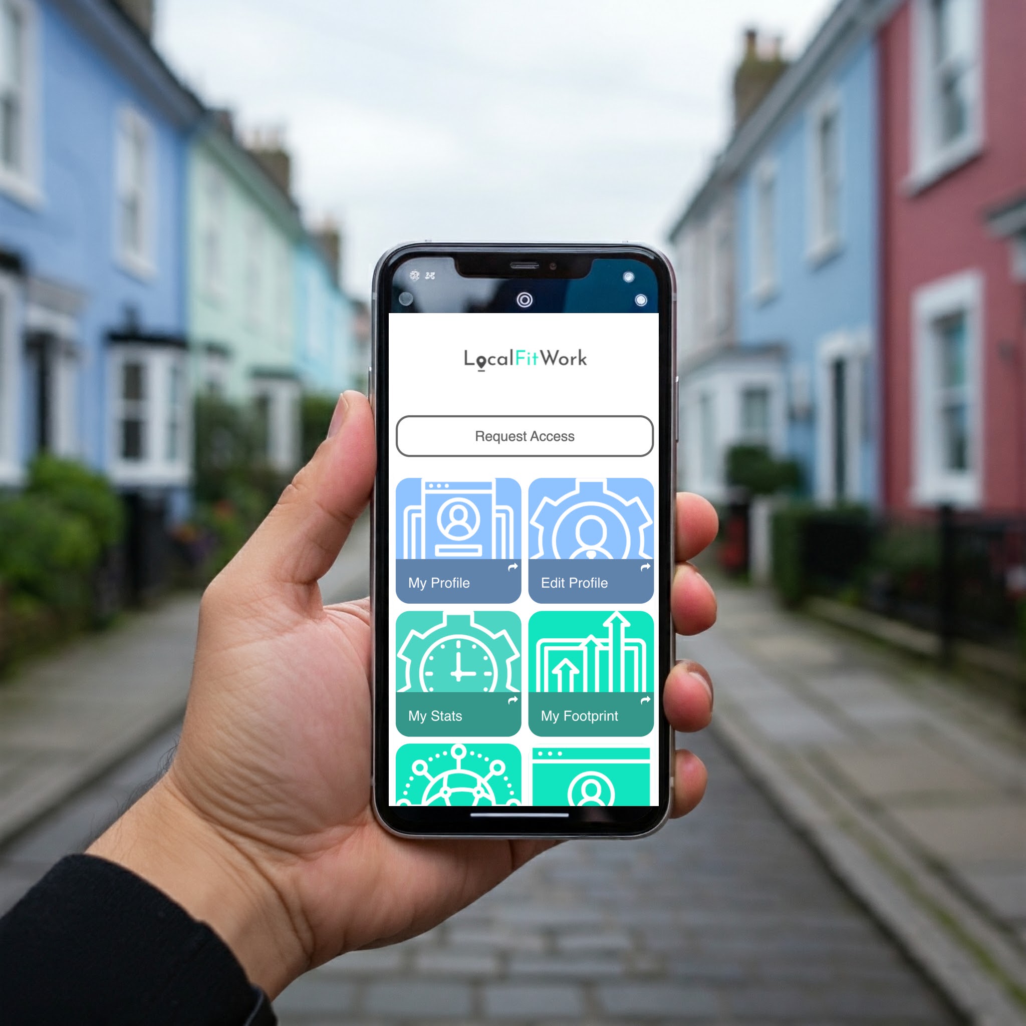 hand holding phone app local fitwork